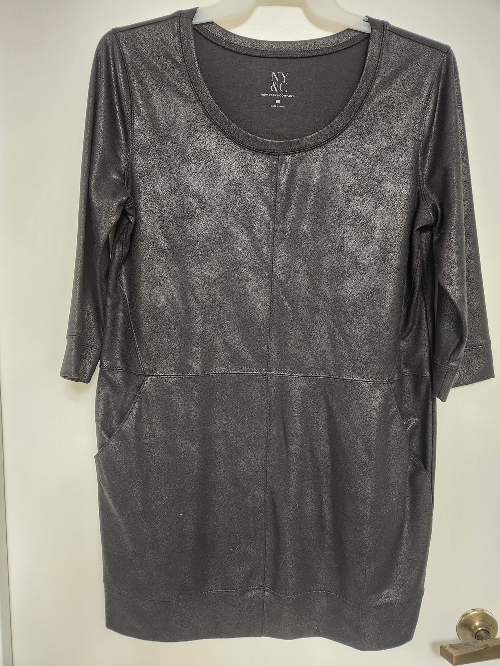New York & Company Metallic Black Faux-Leather Long Sleeve Shift Dress